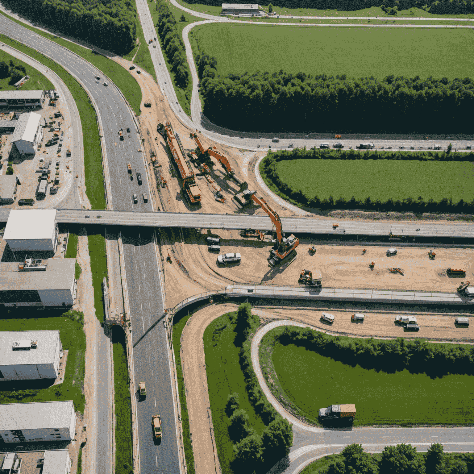 Eine Luftaufnahme einer Baustelle auf einer deutschen Autobahn. Bauarbeiter und Maschinen sind bei der Arbeit zu sehen, während der Verkehr umgeleitet wird.